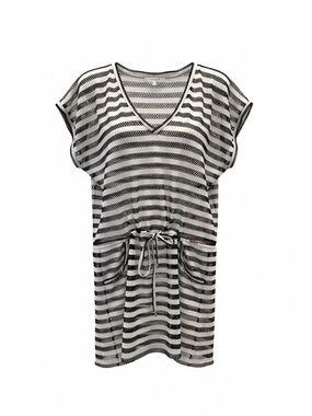 Calvin Klein Black & White Striped V-Neck Swim Cover-Up L/XL